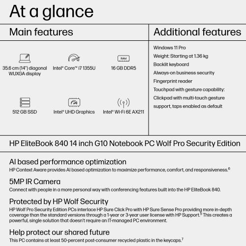 HP EliteBook 840 G10 Intel® Core™ i7 i7-1355U Laptop 35.6 cm (14") WUXGA 16 GB DDR5-SDRAM 512 GB SSD Wi-Fi 6E (802.11ax) Windows 11 Pro Silver