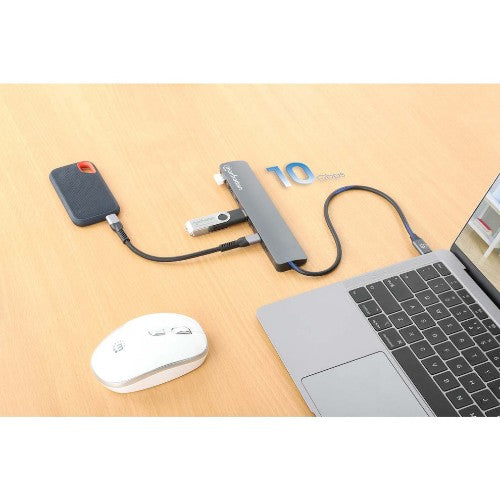 Manhattan USB-C Dock/Hub, Ports (x7): USB-A (x3) and USB-C (x4), With Power Delivery (100W) to USB-C Port (Note additional USB-C wall charger and USB-C cable needed), USB 3.2 Gen 2, All Ports can be used at the same time, Universal, Aluminium, Space Grey