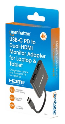 Manhattan USB-C to Dual HDMI & USB-A Adapter, Dual 4K@30Hz or Single 4K@60Hz, Power Delivery 100W, 480 Mbps (USB 2.0), Cable 15cm, Black, Male to Female, Three Year Warranty