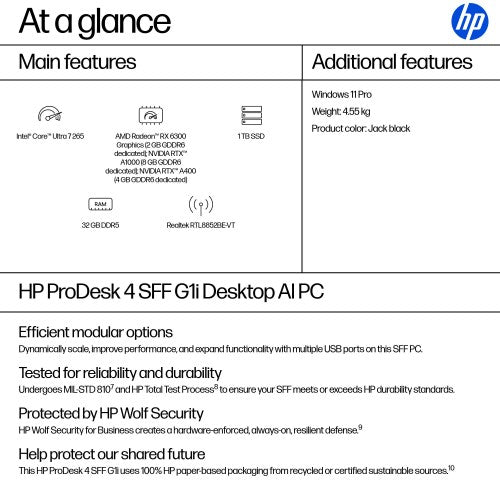 HP ProDesk 4 SFF G1i AI PC Intel Core Ultra 7 265 32 GB DDR5-SDRAM 1 TB SSD Windows 11 Pro Black