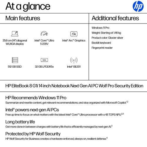 HP EliteBook 8 G1i Next Gen AI Wolf Pro Security Edition Copilot+ PC Intel Core Ultra 5 228V Laptop 35.6 cm (14") WUXGA 32 GB LPDDR5x-SDRAM 512 GB SSD Wi-Fi 7 (802.11be) Windows 11 Pro Silver