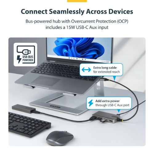 StarTech.com 4-Port USB-A Hub, 5Gbps, Bus Powered, USB-A to 4x USB-A Hub with USB-C Auxiliary Power Input, 1ft/30cm Host Cable, Portable Desktop/Laptop USB Hub