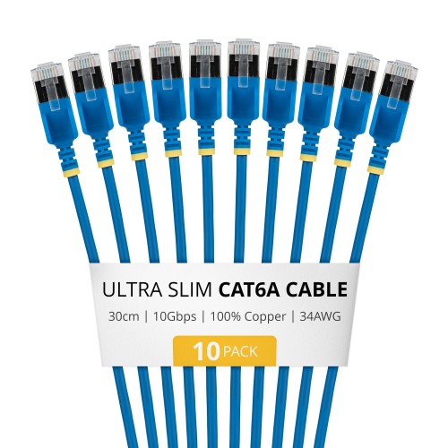 StarTech.com 30cm Blue Ultra Slim Cat6A Ethernet Cable, 10 pack, Snagless, FTP, Pure Bare Copper Wire, 34AWG Ultra Slim RJ45 Network Patch Cord, Individually Tested