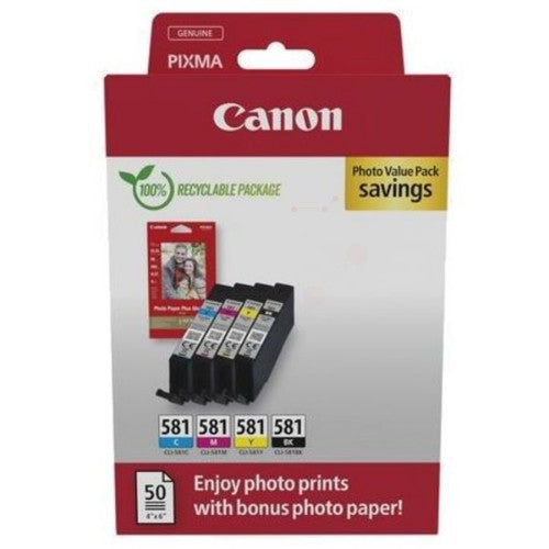 Canon 2106C006/CLI-581 Ink cartridge multi pack Bk,C,M,Y + Photopaper 50 sheet 10x15cm 5.6ml 1505/256/237/257 pg Pack=4 for Canon Pixma TS 6150/8150