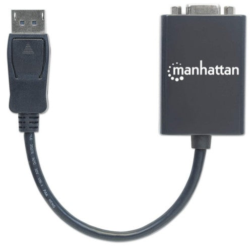 Manhattan DisplayPort to VGA HD15 Converter Cable, 15cm, Male to Female, Active, DP With Latch, Black, Lifetime Warranty, Equivalent to DP2VGA2.