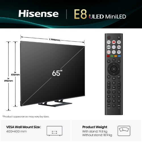 Hisense 65" E8QTUK MiniLED 144Hz Smart AI TV with Freely