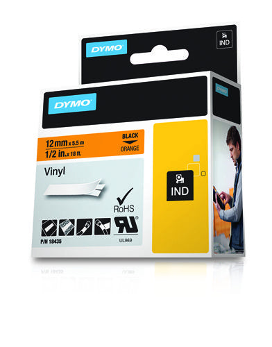 Dymo 18435/S0718490 Ribbon Vinyl black on orange 12mm x 5,5 m for Dymo Rhino 6-12mm/19mm/24mm