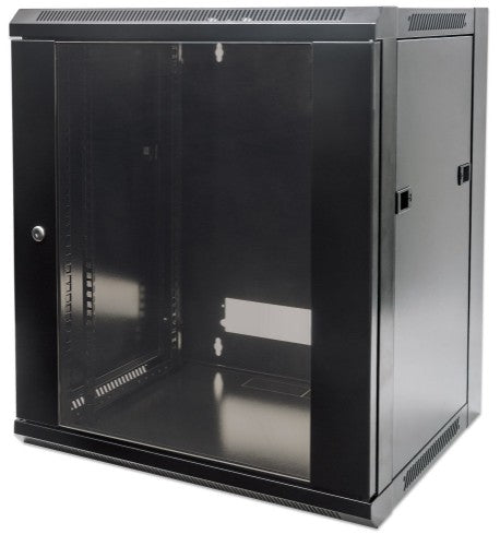 Intellinet 19" Network Cabinet - Wall Mount (Standard), 9U, 450mm Deep, Black, Flatpack, Max 60kg, Suitable also for use on desk or floor, Usable Depth 270mm to 350mm, Metal & Glass Door, Back Panel, Removeable Sides,Parts for wall installation not includ