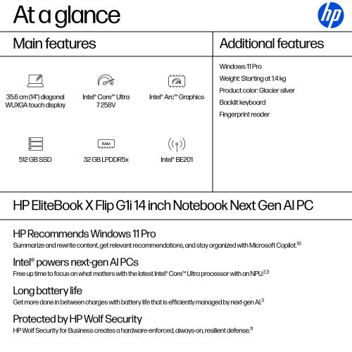 HP EliteBook X Flip G1i Next Gen AI PC Copilot+ PC Intel Core Ultra 7 258V Hybrid (2-in-1) 35.6 cm (14") Touchscreen WUXGA 32 GB LPDDR5x-SDRAM 512 GB SSD Wi-Fi 7 (802.11be) Windows 11 Pro Silver