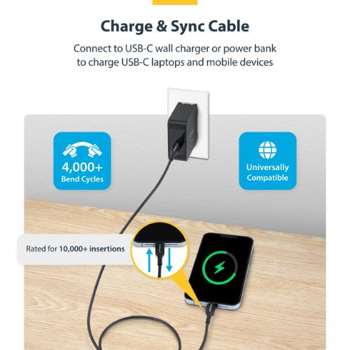 StarTech.com 10ft (3m) USB-C Charging Cable, Charge & Sync, 60W (3A) PD, USB 2.0 Laptop Charger Cable, TPE Jacket - Black USB C Charging Cord