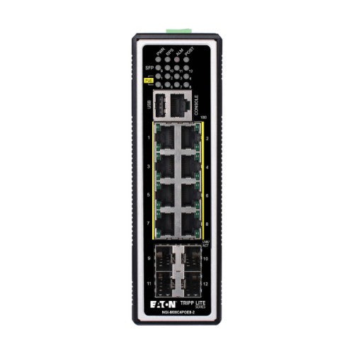 Tripp Lite NGI-M08C4POE8-2 8-Port Managed Industrial Gigabit Ethernet Switch - Layer 2, 1 Gbps, PoE+ 30W, 4 GbE SFP Ports, -40° to 75°C, DIN Mount