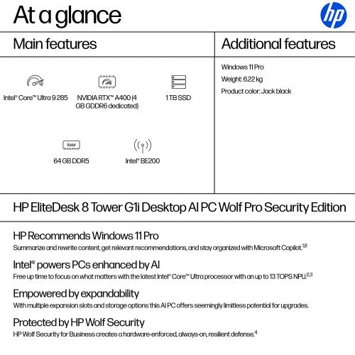 HP EliteDesk 8 Tower G1i AI Wolf Pro Security Edition Intel Core Ultra 9 285 64 GB DDR5-SDRAM 1 TB SSD NVIDIA RTX A400 Windows 11 Pro PC AI PC Black