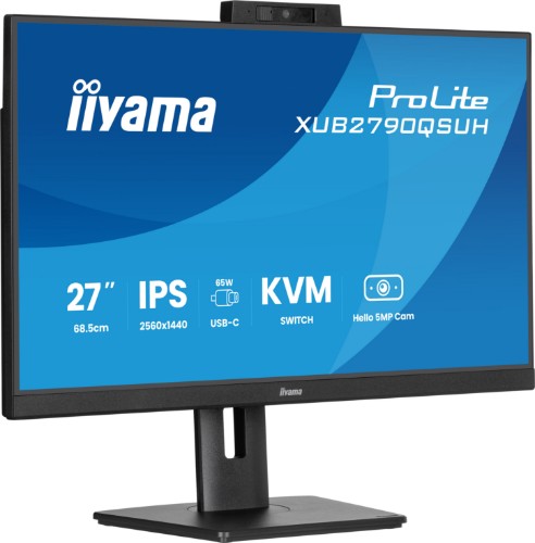 iiyama ProLite 27’’ IPS QHD monitor with a built-in Windows Hello camera and microphone, USB-C, KVM-Switch and height adjustable stand