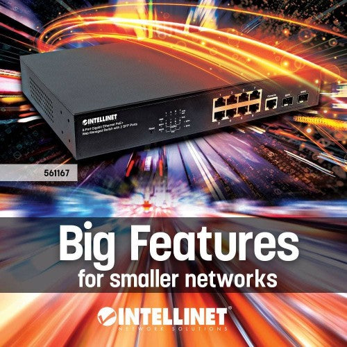 Intellinet 8-Port Gigabit Ethernet PoE+ Web-Managed Switch with 2 SFP Ports, IEEE 802.3at/af Power over Ethernet (PoE+/PoE) Compliant, 140 W, Endspan, Desktop, 19" Rackmount (UK power cord)