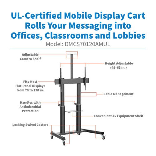 Tripp Lite DMCS70120AMUL Safe-IT Heavy-Duty Rolling Cart for 70" to 120" Displays, UL Certified, Antimicrobial Protection