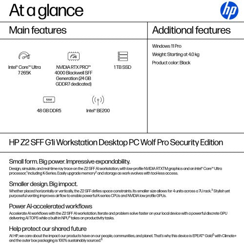 HP DQ6E2ET PC/workstation Intel Core Ultra 7 265K 48 GB DDR5-SDRAM 1 TB SSD Windows 11 Pro SFF AI Workstation, AI PC Black