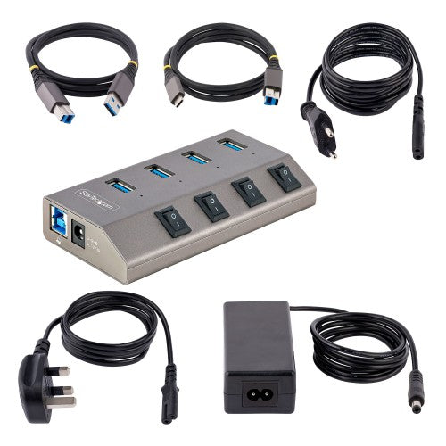 StarTech.com 4 Port Self-Powered USB C Hub with Individual On/Off Switches, USB 3.0 (5Gbps) Expansion Hub with Power Supply, Desktop Laptop USB-C to USB-A Splitter