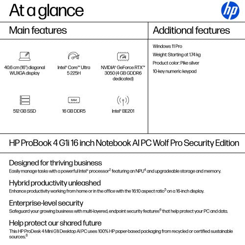 HP ProBook 4 G1i Intel Core Ultra 5 225H Laptop 40.6 cm (16") WUXGA 16 GB DDR5-SDRAM 512 GB SSD Wi-Fi 7 (802.11be) Windows 11 Pro AI PC Silver