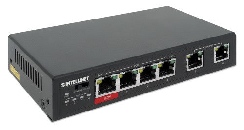 Intellinet 6-Port Fast Ethernet Switch with 4 PoE Ports (1 x High-Power PoE), One High-Power 60 W PSE PoE Port, Three IEEE 802.3at/af PSE PoE Ports, PoE Power Budget of 65 W, PoE Extend Mode, Two RJ45 Uplink Ports, VLAN