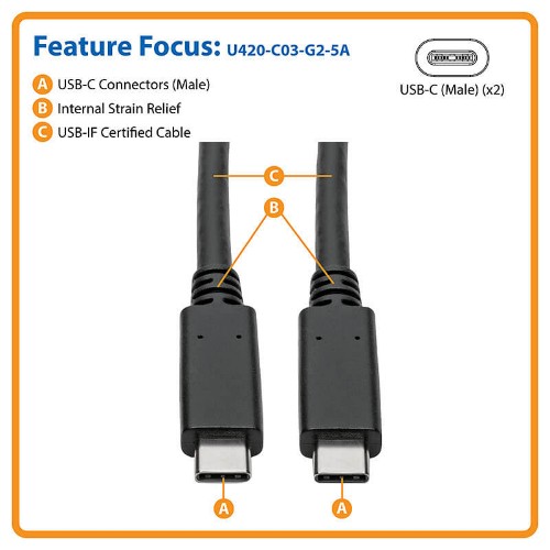 Tripp Lite U420-C03-G2-5A USB-C Cable (M/M) - USB 3.2, Gen 2 (10 Gbps), 5A (100W) Rating, USB-IF Certified, Thunderbolt 3 Compatible, 3 ft. (0.91 m)