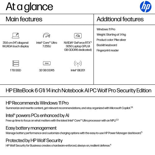 HP EliteBook 6 G1i AI Wolf Pro Security Edition Intel Core Ultra 7 255U Laptop 35.6 cm (14") Touchscreen WUXGA 32 GB DDR5-SDRAM 1 TB SSD Wi-Fi 7 (802.11be) Windows 11 Pro AI PC Silver
