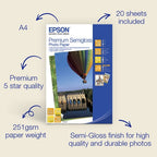 Epson A4 Premium Semigloss Photo Paper 251gsm, 20 sheets
