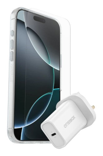 OtterBox Symmetry Series Clear for MagSafe + Premium Glass + Fast Charge Wall Charger USB-C 30W Type G for Apple iPhone 16 Pro Max