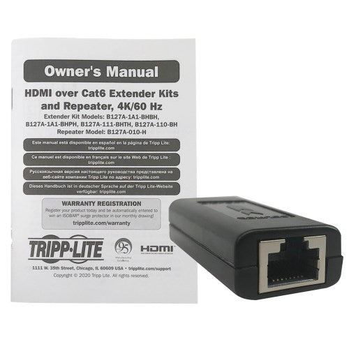 Tripp Lite B127A-010-H Signal Repeater for B127A Extenders, Over Cat6, 4K 60Hz, HDR, 4:4:4, PoC, HDCP 2.2, 400 ft., TAA
