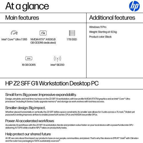 HP Z2 SFF G1i Intel Core Ultra 7 265 16 GB DDR5-SDRAM 1 TB SSD NVIDIA RTX A1000 Windows 11 Pro Workstation AI Workstation, AI PC Black