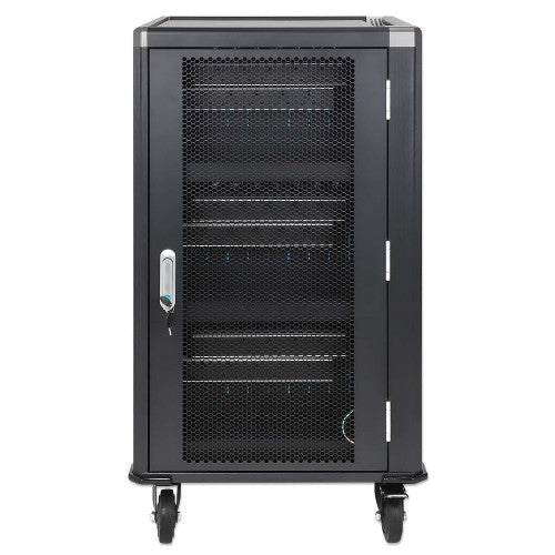 Manhattan Laptop Charging Cart/Trolley via AC Adapter (UK) x30 Bay, Install device's AC Adapter (power cables) into unit, Suitable for ALL laptops (to 15.6"), iPads, MacBooks, Chromebooks, other USB-C devices, Bays 380x30x280mm, Cabinet, Lockable