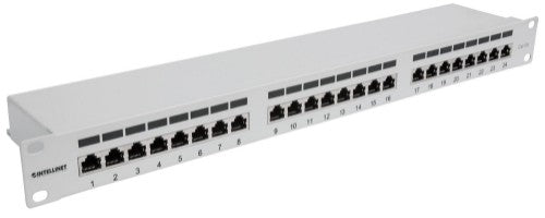 Intellinet Patch Panel, Cat6a, FTP, 24-Port, 1U, Shielded, 90° Top-Entry Punch Down Blocks, Grey