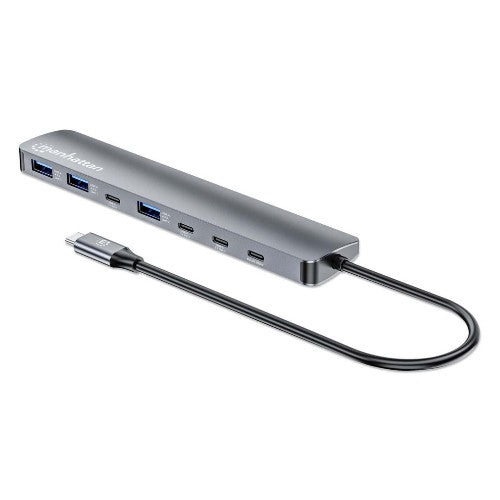 Manhattan USB-C Dock/Hub, Ports (x7): USB-A (x3) and USB-C (x4), With Power Delivery (100W) to USB-C Port (Note additional USB-C wall charger and USB-C cable needed), USB 3.2 Gen 2, All Ports can be used at the same time, Universal, Aluminium, Space Grey