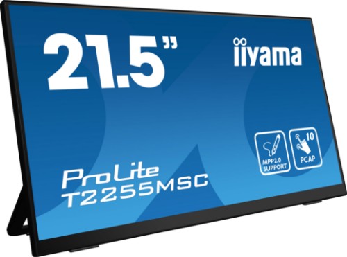 iiyama ProLite 21.5” Optical Bonded PCAP 10pt touchscreen monitor with IPS panel technology, edge-to-edge glass, anti-fingerprint coating, active stylus support (MPP 2.0) and a flexible stand
