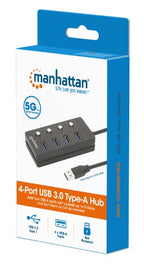 Manhattan USB-C Dock/Hub, Ports (x4) with on/off switch for each port: USB-A (x4), 5 Gbps (USB 3.2 Gen1 aka USB 3.0), Universal for all devices, Bus or AC powered (optional jack, not included), Cable 1.5m, SuperSpeed USB, Black, Three Year Warranty