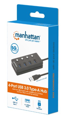Manhattan USB-C Dock/Hub, Ports (x4) with on/off switch for each port: USB-A (x4), 5 Gbps (USB 3.2 Gen1 aka USB 3.0), Universal for all devices, Bus or AC powered (optional jack, not included), Cable 1.5m, SuperSpeed USB, Black, Three Year Warranty