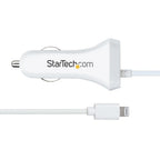 StarTech.com Lightning Car Charger with Coiled Cable, 1m Coiled Lightning Cable, 12W, White, 2 Port USB Car Charger Adapter for Phones and Tablets, Dual Device In Car iPhone Charger