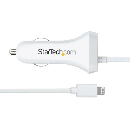 StarTech.com Lightning Car Charger with Coiled Cable, 1m Coiled Lightning Cable, 12W, White, 2 Port USB Car Charger Adapter for Phones and Tablets, Dual Device In Car iPhone Charger