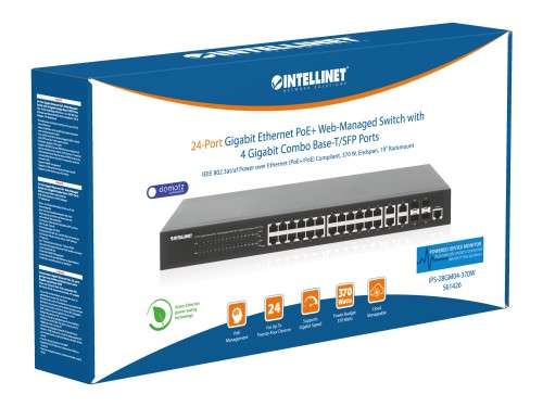 Intellinet 24-Port Gigabit Ethernet PoE+ Web-Managed Switch with 4 Gigabit Combo Base-T/SFP Ports, IEEE 802.3at/af Power over Ethernet (PoE+/PoE) Compliant, 370 W, Endspan, 19" Rackmount (with UK power cord)