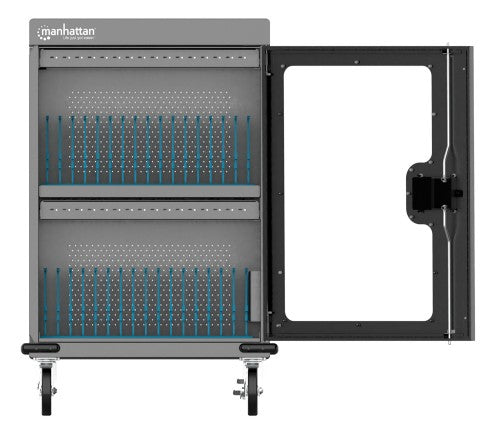 Manhattan iPad to 13", MacBook Air to 15" & Chromebook 15.6" 32-bay Charging Trolley/Cart via USB-C, Also other tablets/smartphones (with device to USB-C cable), Bays 404x27.6x283mm,Device charging cables not included (suggest USB-C cable 356213),Cabinet