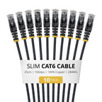 StarTech.com 25cm Black Slim CAT6 Cable, 10 Pack, Snagless, 100W PoE, UTP, LSZH, 28AWG Pure Bare Copper Wire, Slim RJ45 Network Patch Cord w/Strain Reliefs, Individually Tested