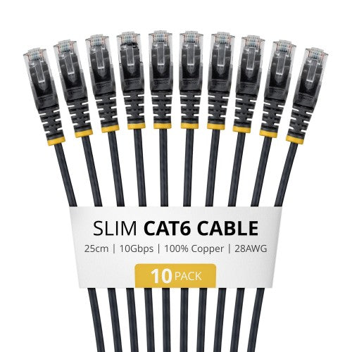 StarTech.com 25cm Black Slim CAT6 Cable, 10 Pack, Snagless, 100W PoE, UTP, LSZH, 28AWG Pure Bare Copper Wire, Slim RJ45 Network Patch Cord w/Strain Reliefs, Individually Tested