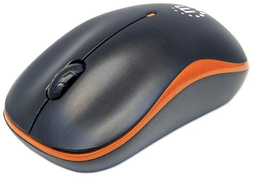 Manhattan Success Wireless Mouse, Black/Orange, 1000dpi, 2.4Ghz (up to 10m), USB, Optical, Three Button with Scroll Wheel, USB micro receiver, AA battery (included), Low friction base, Three Year Warranty
