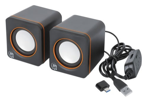 Manhattan 2600 Series Speaker System, Two Speakers, Black/Orange, USB for Stereo Audio and Power, Output: 2x 3W, Decent Sound, Integrated rotary volume control, USB-C/USB-A Adapter, Cable 1.4m, Three Year Warranty