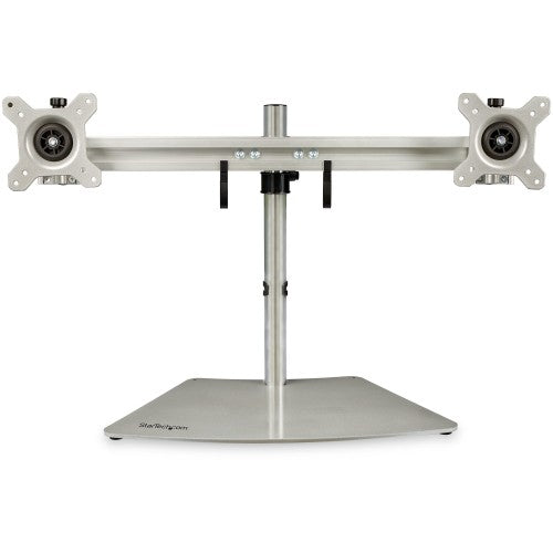 StarTech.com Dual Monitor Stand - Ergonomic Free Standing Dual Monitor Desktop Stand for two 24" (17.6lb/8kg) VESA Mount Displays - Synchronized Height Adjustable - Double Monitor Pole Mount - Silver