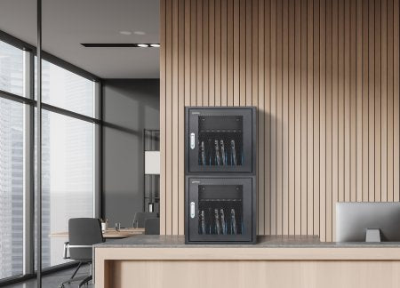 Manhattan Laptop Charging Cabinet Desktop via AC Adapter (UK) x10 Bay, Install device's AC Adapter (power cables) into unit, Suitable for ALL laptops (to 15.6"), iPads, MacBooks, Chromebooks, other USB-C devices, Bays 380x30x280mm, Cart, Lockable