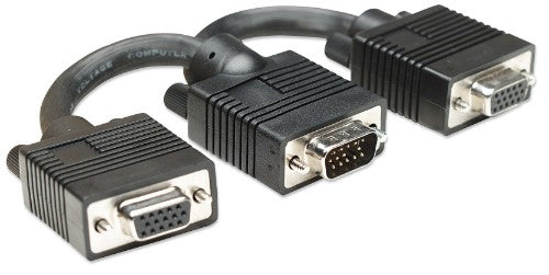 Manhattan SVGA Y Cable, HD15, 15cm, Male to Females, Splits an SVGA connection between two monitors, Compatible with VGA, Fully Shielded, Black, Lifetime Warranty