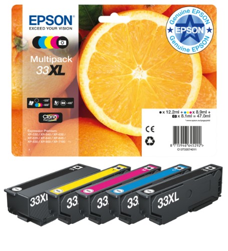 Epson C13T33574021/33XL Ink cartridge multi pack high-capacity Bk,C,M,Y,PBK Blister Acustic Magnetic 12,2ml+3x8,9ml+8,1ml Pack=5 for Epson XP 530