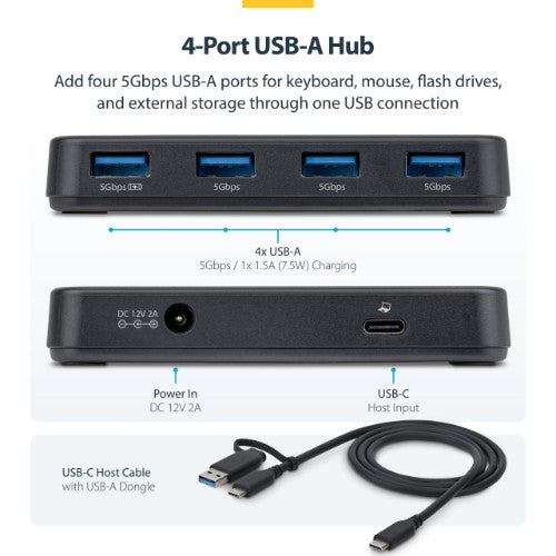 StarTech.com 4-Port USB-A Hub, 5Gbps, Self-Powered, 2-in-1 USB-C and USB-A Host Cable, 1x BC 1.2 Charging Port, 24W Power Adapter Included, MacBook and Windows