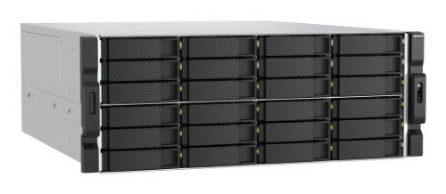 QNAP 4U 24-bay 3.5 SATA HDD NAS - AMD Ryzen 7000 series 8C16T (boost up to 5.3 GHz) - 32GB DDR5 non-ECC RAM (max. 128GB total) - 2x M.2 2280 PCIe Gen5 x2 slots for SSD cache - 2x 10GBASE-T + 2x 2.5 GbE RJ45 - 3 x PCIe Gen 4 expansion slots - 2 x 550W redu