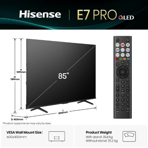 Hisense 65" E78QTUK PRO 144Hz QLED Smart AI TV with Freely